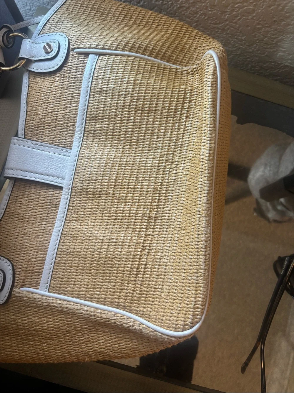 Michael Kors Tan Straw Satchel with White Trim and Gold Hardware